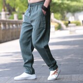 清凉透气纯色薄哈伦裤 夏季 子 中式 潮流青年宽松长裤 亚麻男式 休闲裤
