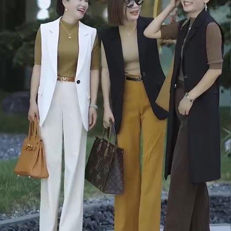 气质显瘦西服马甲女2023年春秋新款欧版侧开叉马夹外穿背心套装