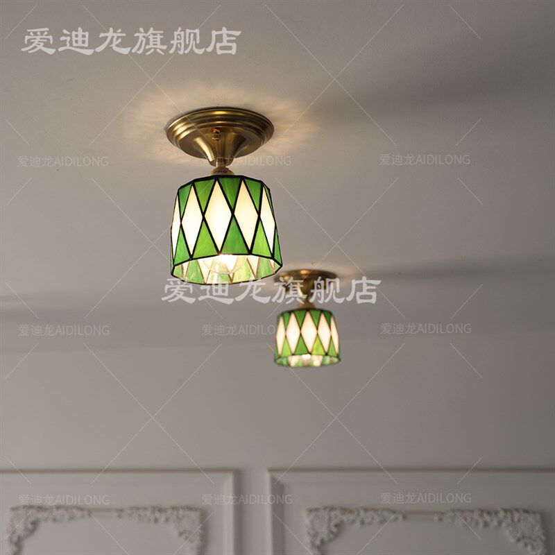美式复古过道灯走廊入户玄关衣帽间吸顶灯创意黄铜焊Z锡玻璃灯具