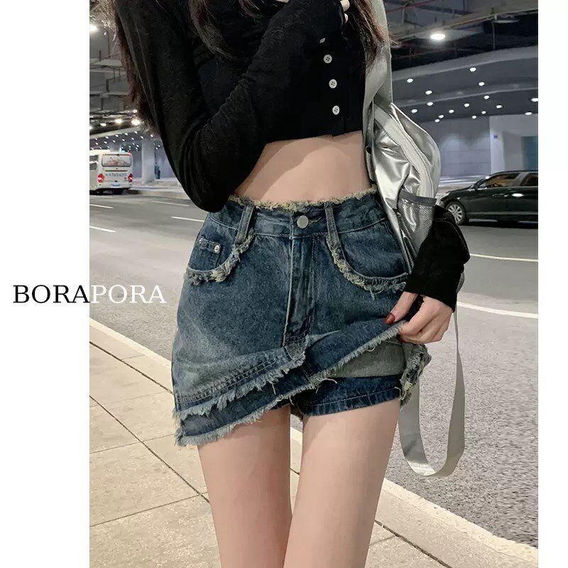 辣妹美式复古牛仔半身裙女装大码胖mm毛边包臀裙a字短裙裙裤裙子