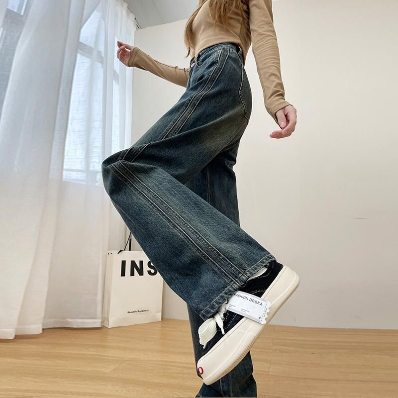 水泥灰加绒高腰阔腿牛仔裤女秋冬遮胯宽松垂感窄版加绒拖地直筒裤