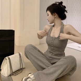 小个子阔腿运动休闲长裤女春夏2024新款灰色挂脖吊带上衣卫裤套装