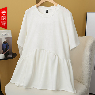 大码女装胖mm白色荷叶边圆领拼接短袖t恤宽松休闲遮肚子百搭上衣