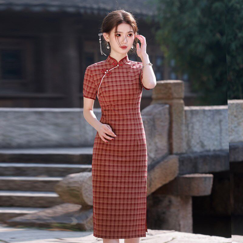 文艺复古红格子旗袍新中式改良年轻款少女绝美气质中长款日常可穿
