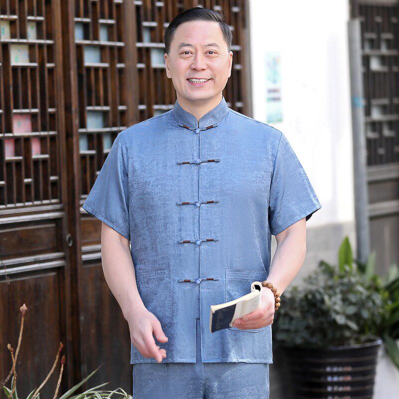 唐装男中国风薄款短袖衬衣中老年冰丝套装夏季中式爸爸装爷爷汉服