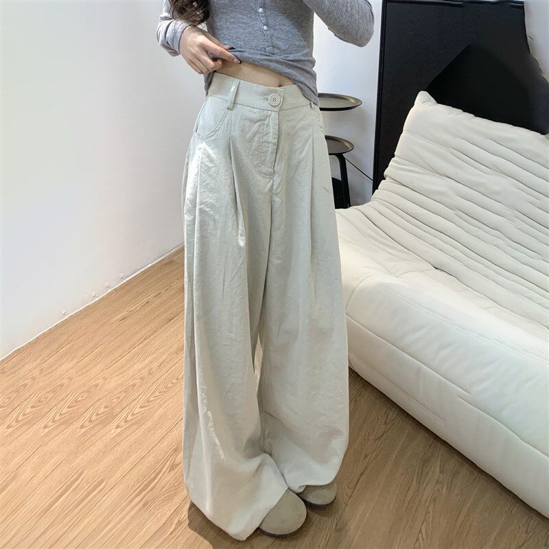 灰色奶芙西装裤女夏季2025新款高腰宽松休闲直筒裤冰丝垂感阔腿裤