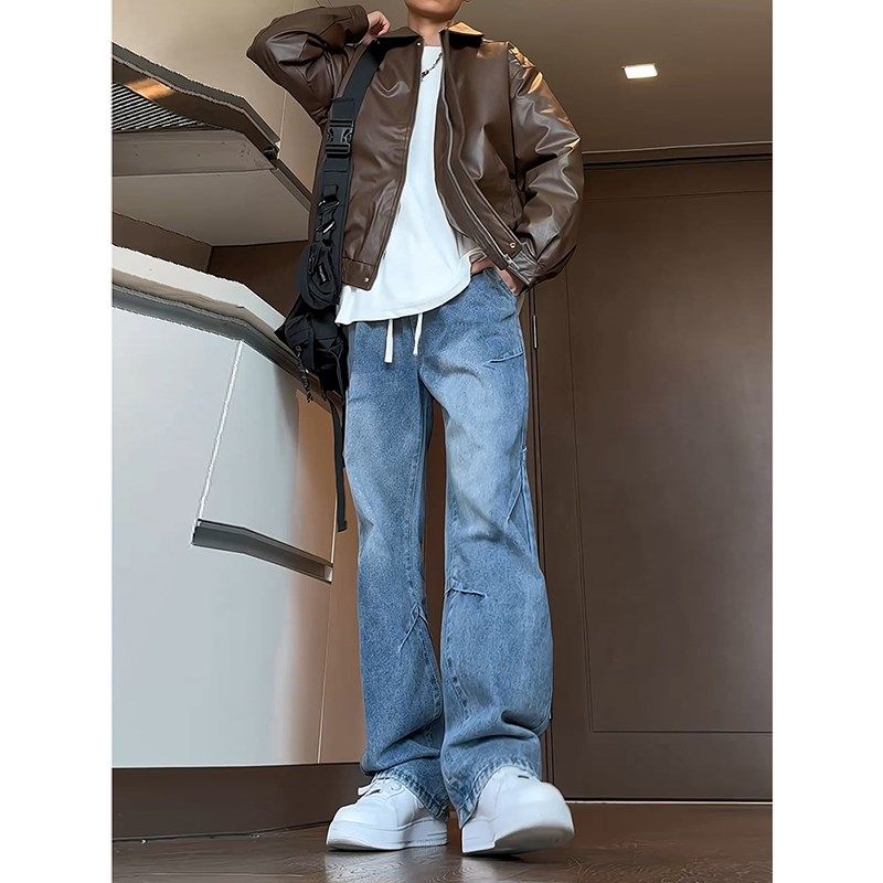 美式复古工装牛仔裤男款夏季新款设计感高街宽松显瘦直筒裤松紧腰