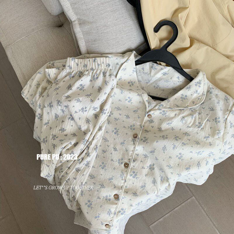 宅家少女日系小清新m网红小碎花短袖套装女夏季小个子家居服两件