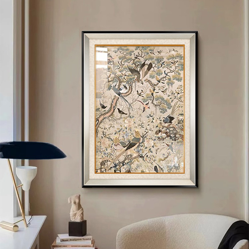 法式中国风挂画花鸟祥和图w中古美式饭厅装饰画复古艺术书房壁