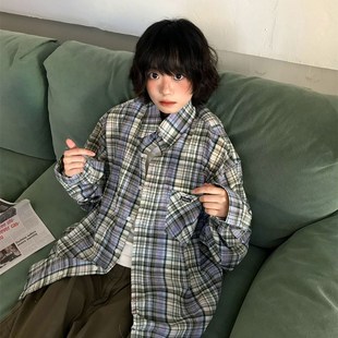 一碗士多 日系中古感条纹衬衫肌理格纹少年复古宽松情侣外套衬衣