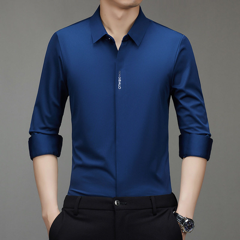秋季新款暗门襟无痕长袖衬衫男款中年商务休闲爸爸装翻领男士衬衫