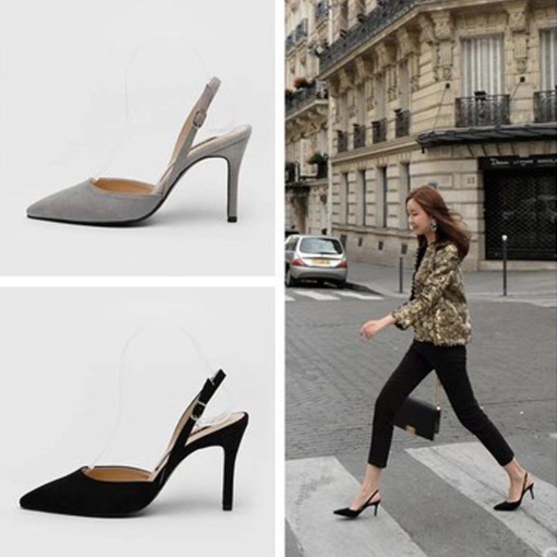 2025秋季新款高跟细跟尖头女单鞋后空后带一字扣韩版绒面女士秋鞋