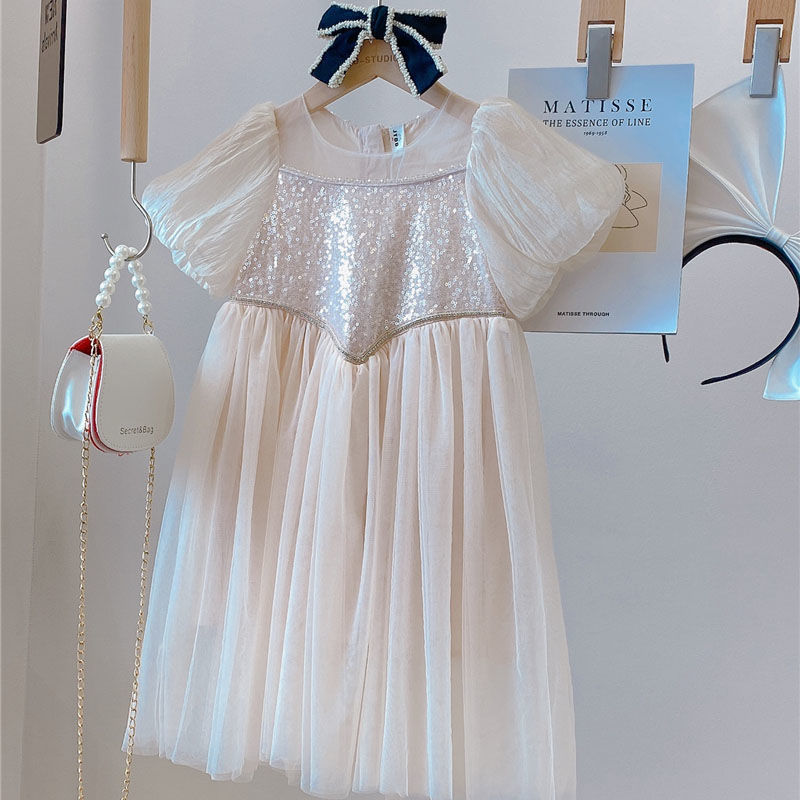 气质童装夏季新品韩版女童洋气纯色泡泡袖亮片超仙公主礼服连衣裙