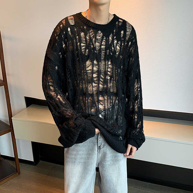 早秋季设计新款镂空宽松薄款针织衫男女复古破坏小众长袖T恤圆领