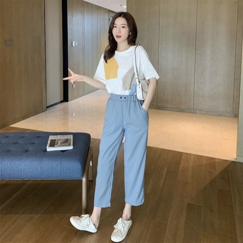 小个子直筒九分裤简约短袖T恤休闲裤两件套时尚套装女2021夏季潮