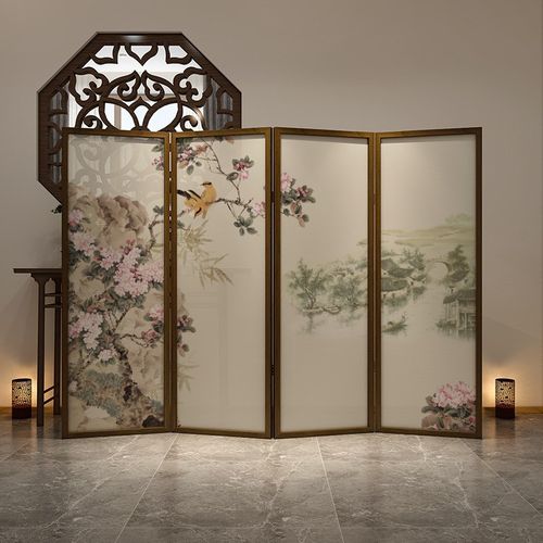 新中式办公室屏风隔断客厅入户玄关茶室实木折叠移动中式花卉折屏