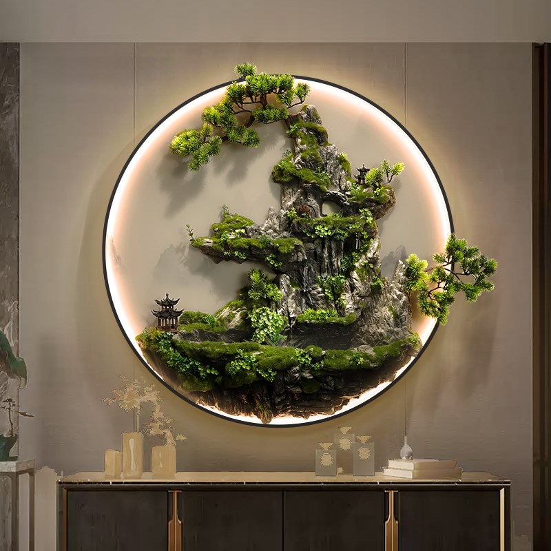 流水生财入户玄关摆件装饰挂画新中式禅意3D立体假山led发光灯画