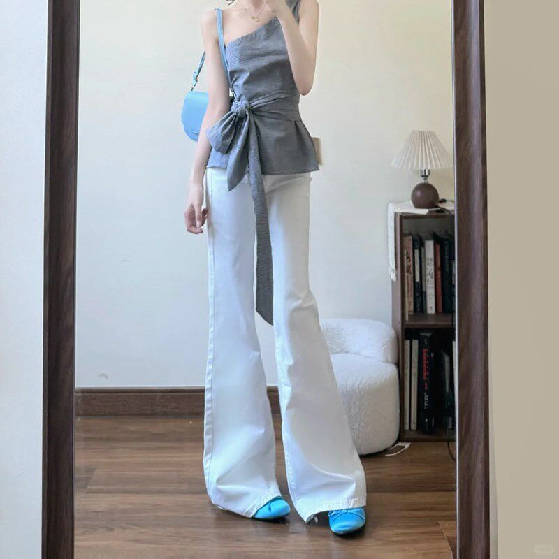 美式辣妹白色微喇叭牛仔裤女夏季学生百搭弹力修身显瘦拖地长裤潮