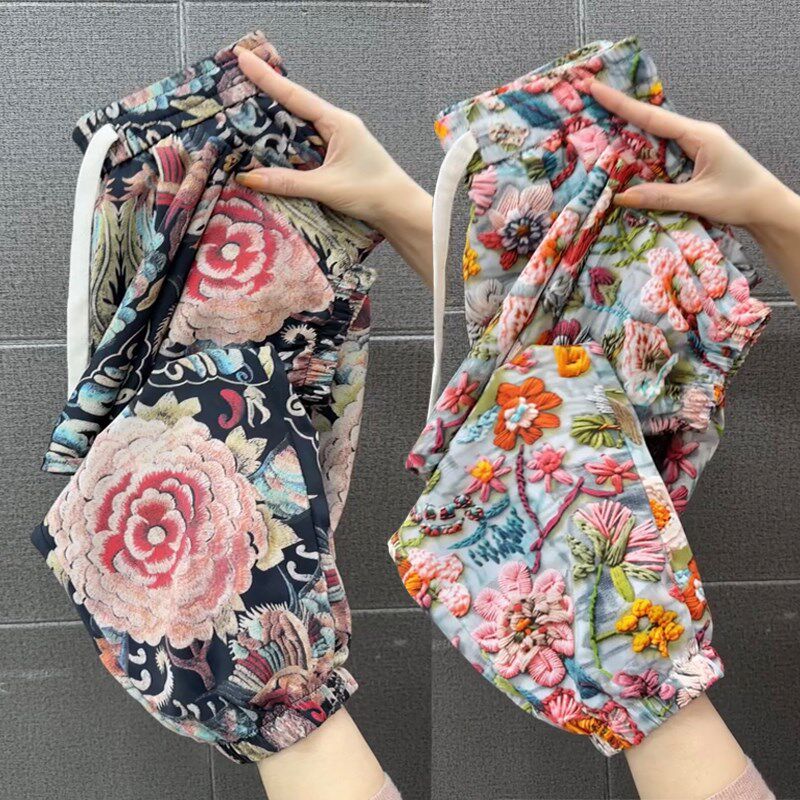 夏季薄款速干冰丝花裤女透气高腰哈伦束脚运动洋气显瘦九分休闲裤