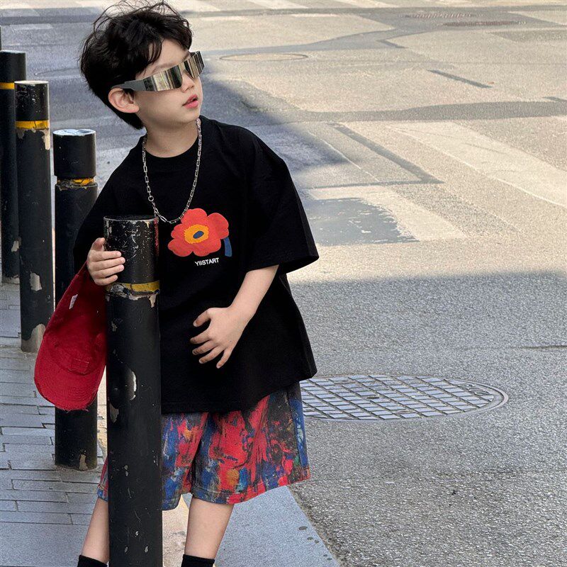 小杰家夏季新款男童韩版洋气花朵短袖T恤男童休闲百搭半袖上衣
