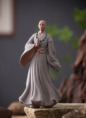 禅意紫砂小和尚摆件大号中式客厅办公室玄关茶室博古架装饰品摆设