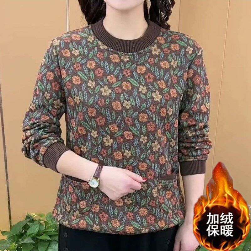 中年妈妈冬加绒加厚长袖T恤中老年大码碎花圆领打底衫保暖打底衫