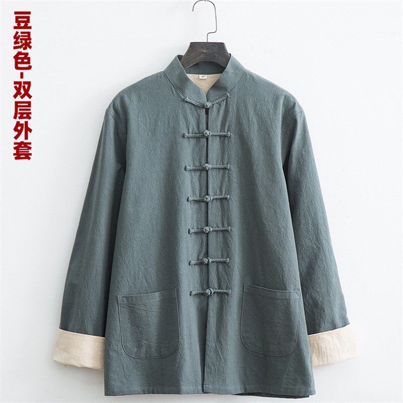 新中式男装春秋新款棉麻长袖外套双层复古风汉服上衣太极禅意茶服