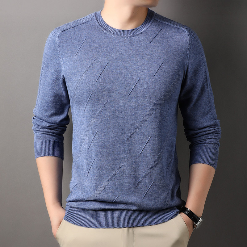 2024春秋新款中年男士薄款毛衣纯色圆领含羊毛针织衫男装打底线衫