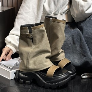 欧货牛仔布露趾松糕n厚底凉鞋短靴女百搭小个子增高裤管靴马丁靴