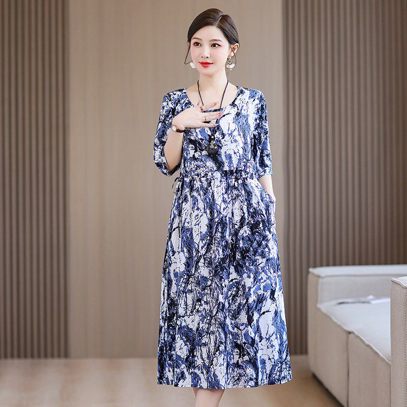 夏天纯棉绸睡裙女薄款胖mm宽松z睡衣人造棉中长款妈妈装遮肉连衣