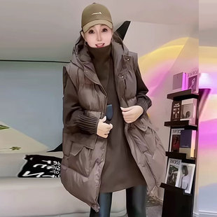 秋冬羽绒棉马甲女外穿中长款连帽宽松2024新款轻薄面包服欧货马夹