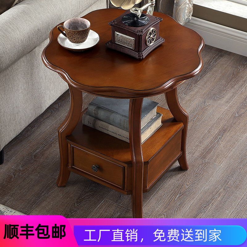 美式实木小茶几简约双层圆w形小桌子客厅沙发边几角几复古小圆桌