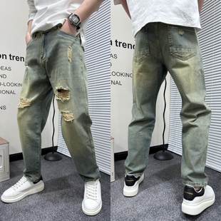 夏季薄款破洞牛仔裤男生复古做旧宽松直筒哈伦裤男士街头美式长裤