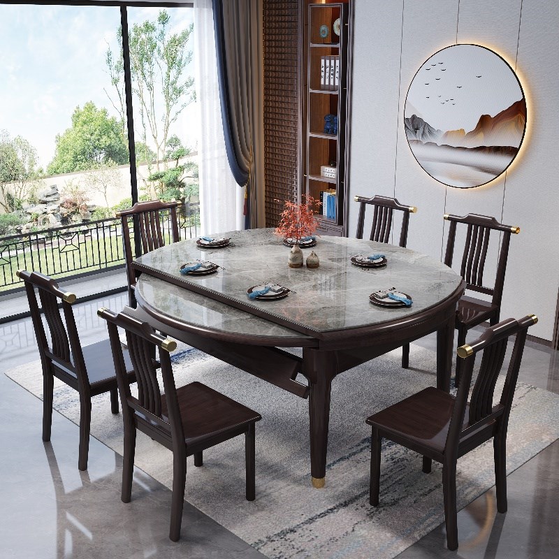 新中式实木岩板餐桌小户型家用方圆两用饭桌可变圆桌子可伸缩折叠