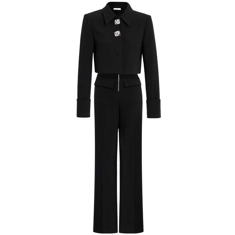 AUI黑色新中式御姐气质职业套装女2024秋新款短外套阔腿裤两件套