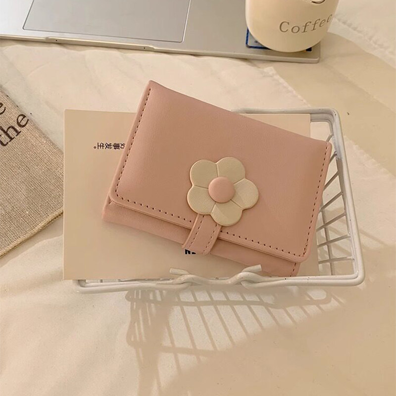 简约韩版花朵钱包短款三折可爱卡通驾驶证银行卡包马卡龙色一体包