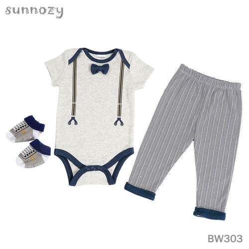 三件外贸婴儿套装纯棉连体衣长裤头饰Sunnozy bodysuit短袖包屁衣