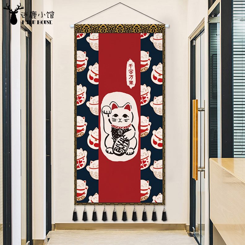 挂画玄关日式布艺民宿客厅背景墙装饰画招财猫墙画挂布遮挡布挂毯图片