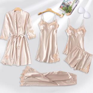 被迫睡衣女2024新款 高级感吊带睡裙五件套真丝睡袍 春季