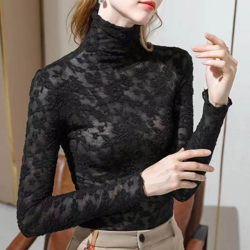 显瘦高领蕾丝打底衫女秋冬2025新款洋气内搭黑色网纱长袖上衣