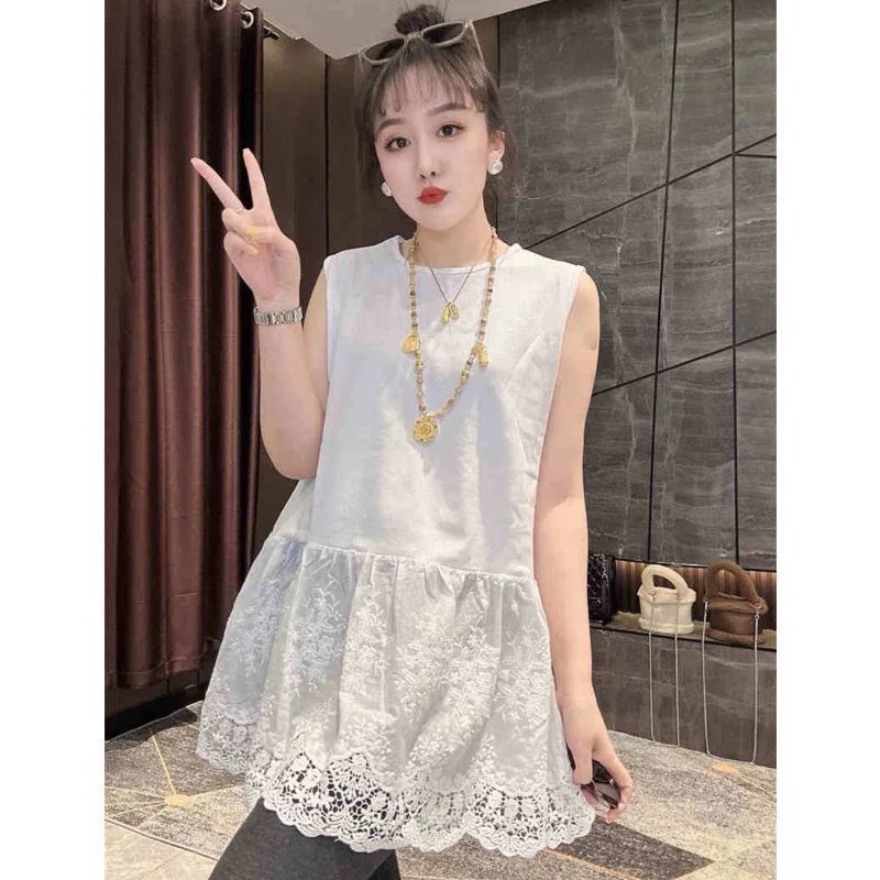 蕾丝边拼接下摆无袖背心女春夏