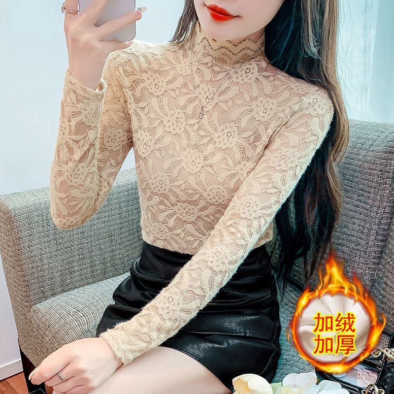 半高领蕾丝打底衫女2025春秋新款