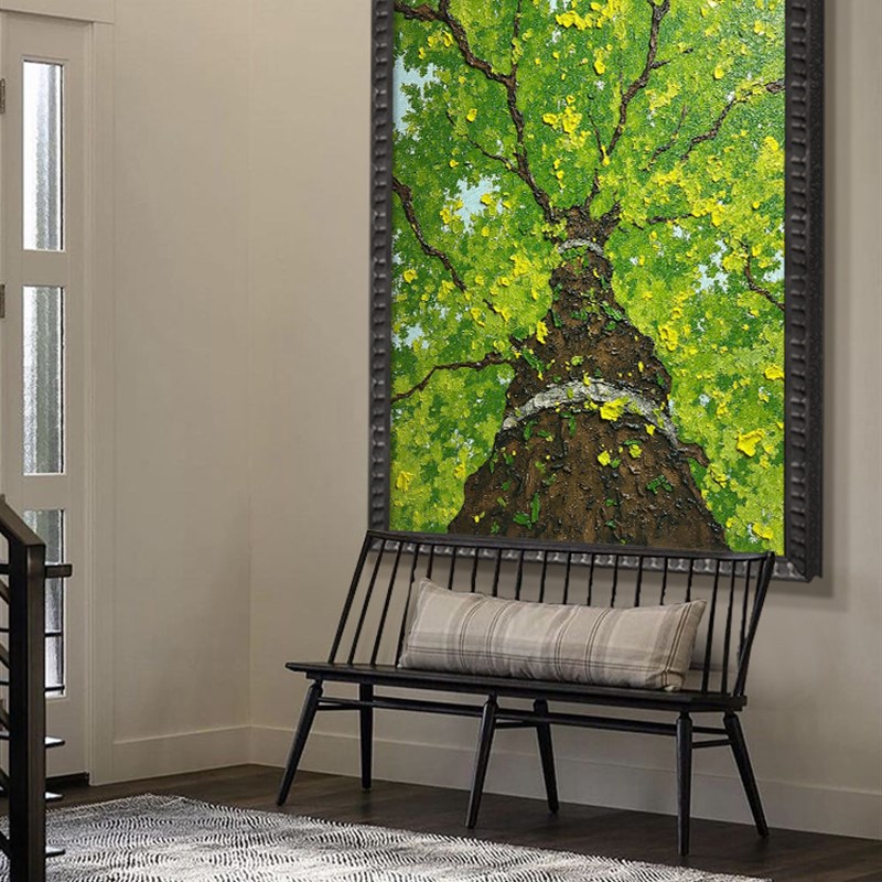 《绿树成荫》复古清新客厅手绘油画质感入口装饰画大气挂画