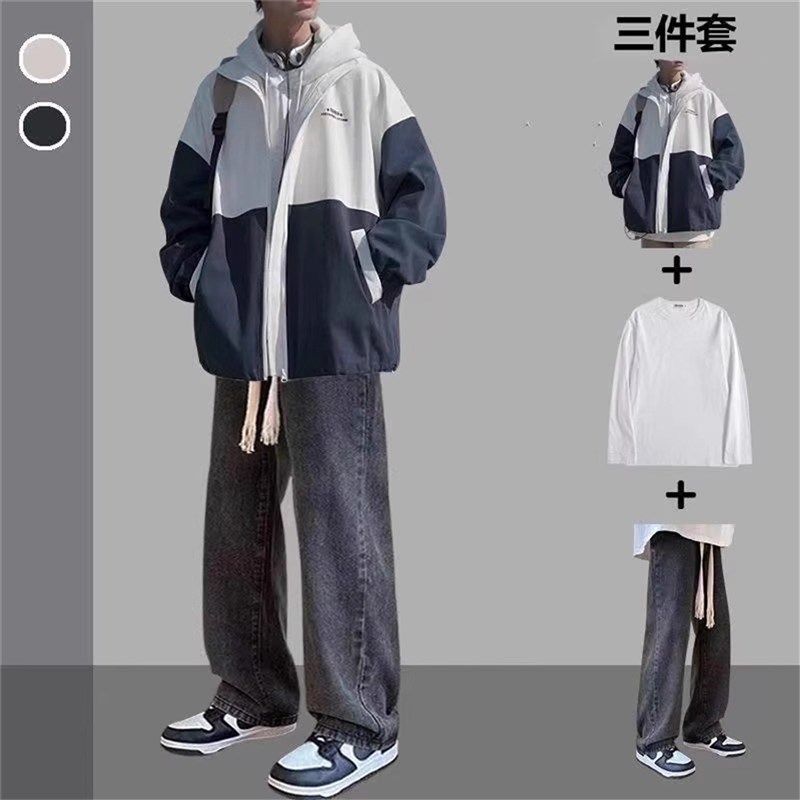 春秋撞色日系夹克外套男装一套韩版百搭冲锋衣bf风青少年三件套装,男装,休闲运动套装,淘宝优惠券,粉丝福利购,淘宝优惠卷