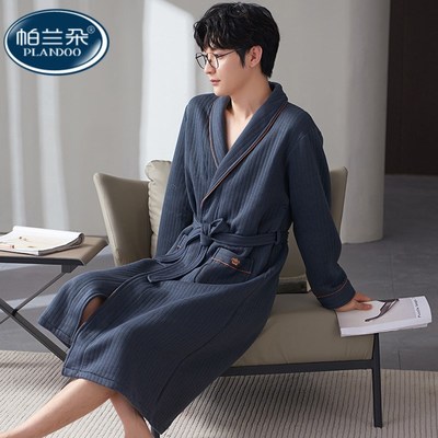 男款睡袍男冬季空气棉长袖加厚保暖纯棉夹层春秋冬款X浴袍睡衣大