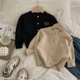 儿童学院风毛衣开衫2024春秋新品男女童韩版刺绣纯色洋气百搭外套