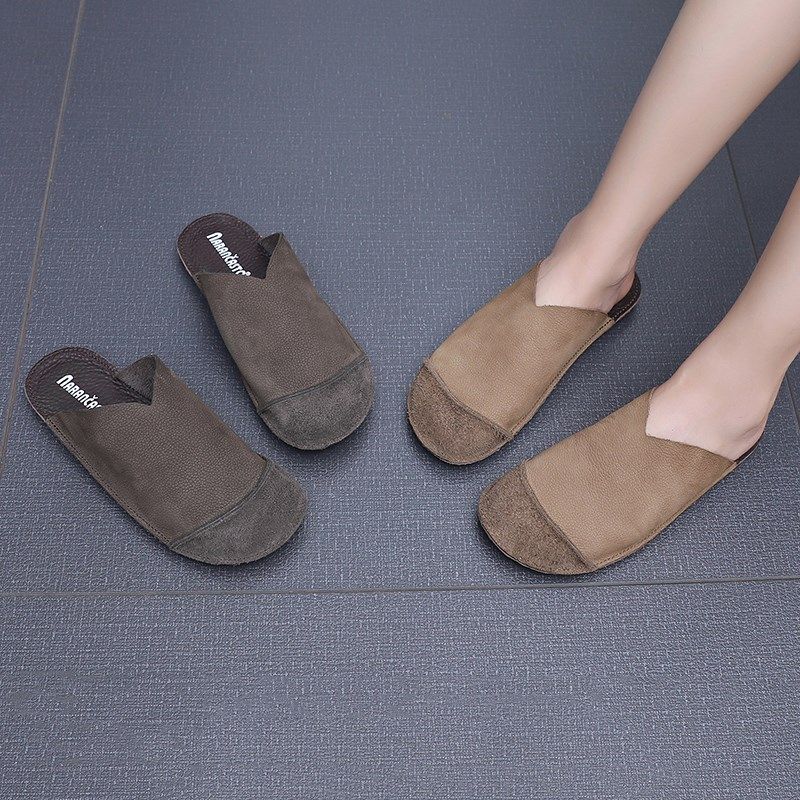 春夏真皮包头拖鞋女休闲复古半拖鞋平底居家女鞋软底软面耐磨防滑,女鞋,包头拖,淘宝优惠券,粉丝福利购,淘宝优惠卷