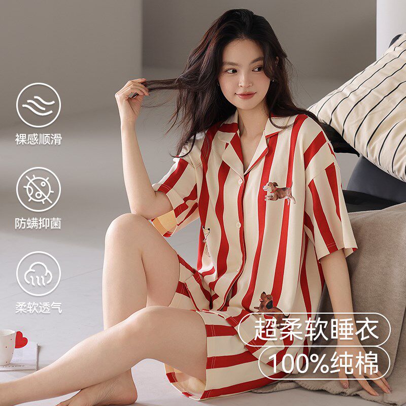 2025年新款睡衣女款夏季纯棉短袖短裤夏天少女生开衫女家居服套装