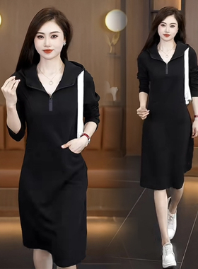 春秋休闲卫衣连衣裙女装2025新款时尚洋气减龄黑色连帽半拉链裙子