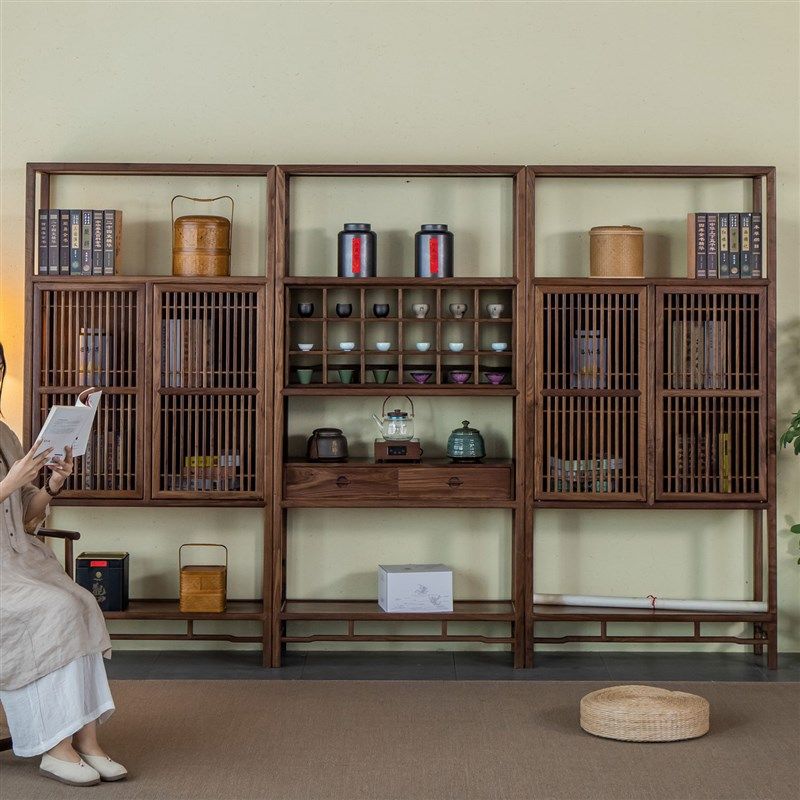 杪轩新中式黑胡桃书架实木茶叶置物架原木书柜禅意多宝阁博古架,住宅家具,多宝格/博古架,淘宝优惠券,粉丝福利购,淘宝优惠卷